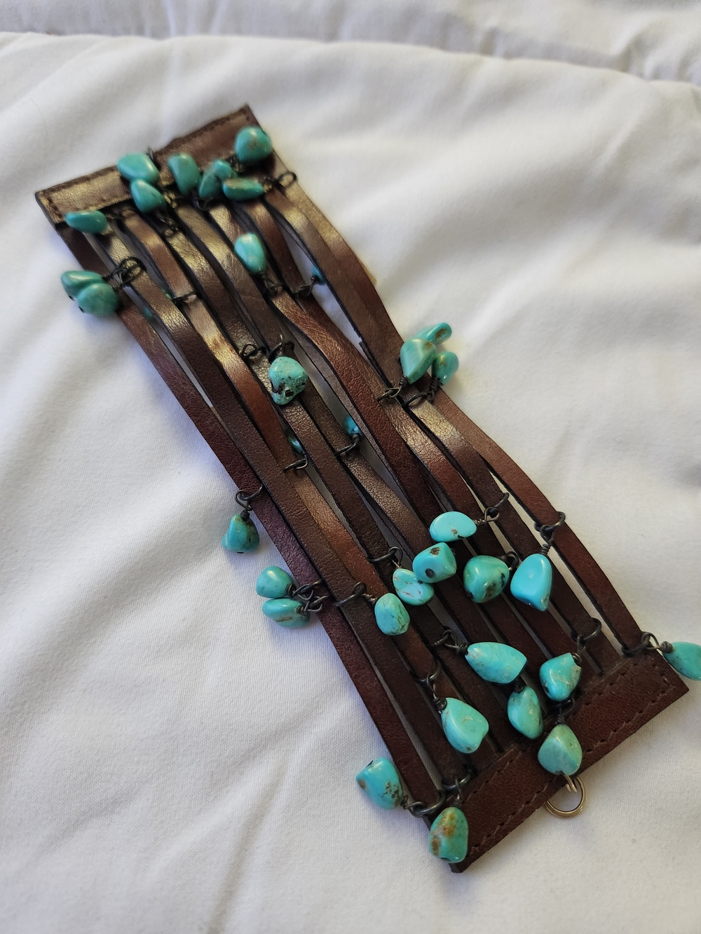 Turquoise Bead Brown Leather Statement Cuff Bracelet